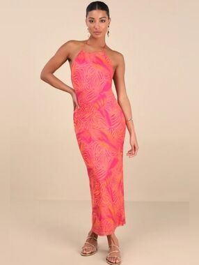 Lulus Camadi Hot Pink Animal Print Mesh Backless Midi Dress